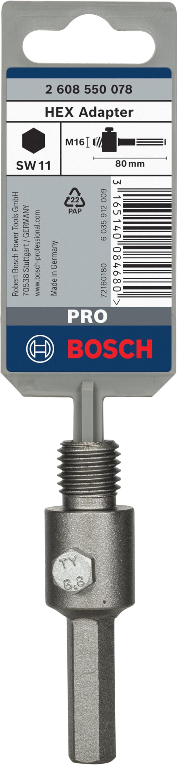 [Australia - AusPower] - Bosch 2608550078 Hex Shank for core Cutters with M16 11 mm, 80 mm, Silver HEX - M16 Adapter 