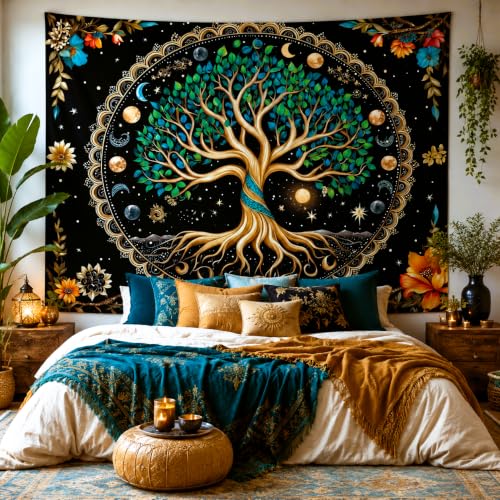 Delur Tree of Life Tapestry Moon Phase Nature Flower Plant Tapestry Wall Hanging Boho Mandala Spiritual Sun Aesthetic Psychedelic Headboard for Bedroom Living Room Home Decor (70.8" x 92.5") 70.8"L x 92.5"W Moon Phase Tree of Life