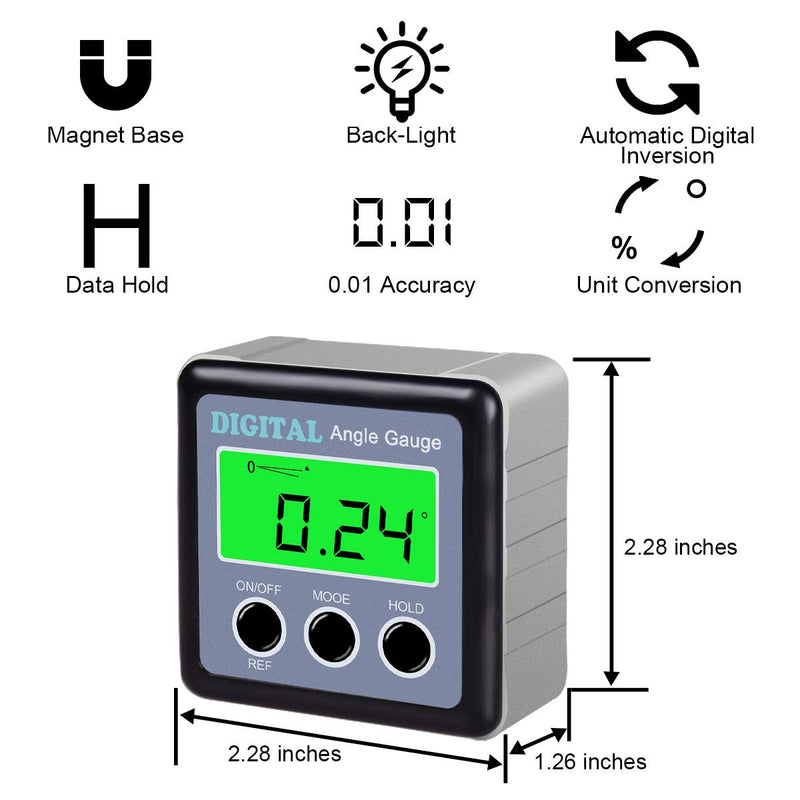 Digital Angle Gauge, Angle Finder Magnetic Digital Level Protractor, Table Saw Accessories with LCD Backlight Display Data Hold and V-groove & Magnetic Base Silver