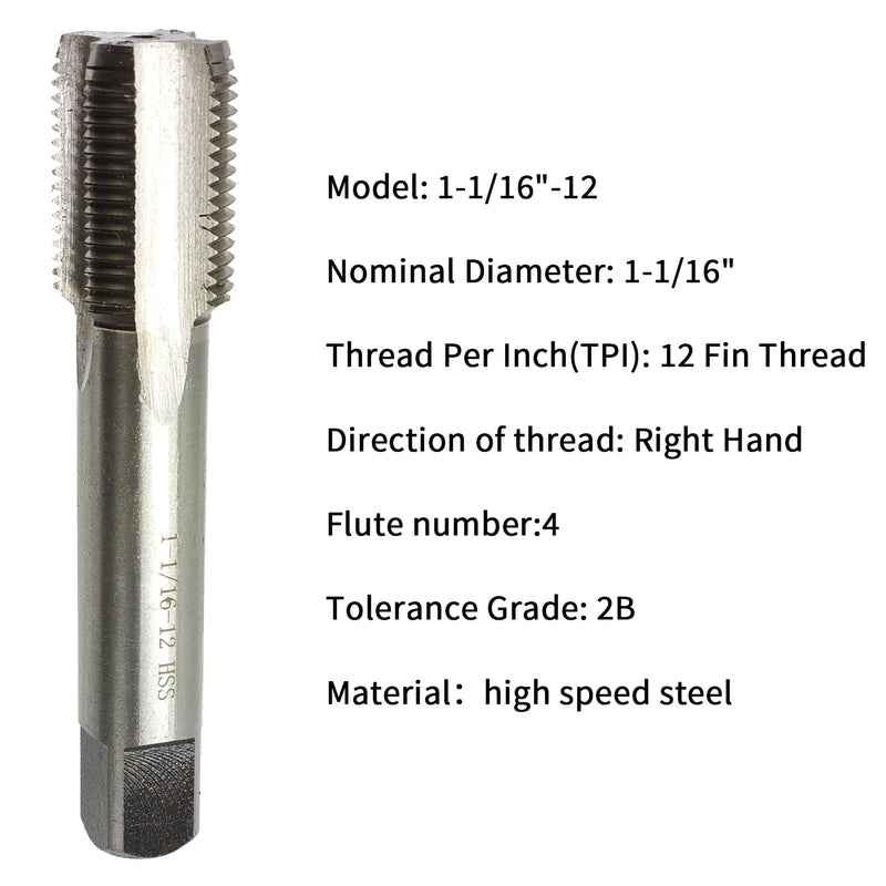 1-1/16"-12 Tap UN Right Hand Straight Flute Machine Tap Nominal Diameter 1-1/16" Thread Per Inch 12 Fin Thread Tolerance Grade 2B High Speed Steel HSS 1-1/16"-12 Right Hand Tap
