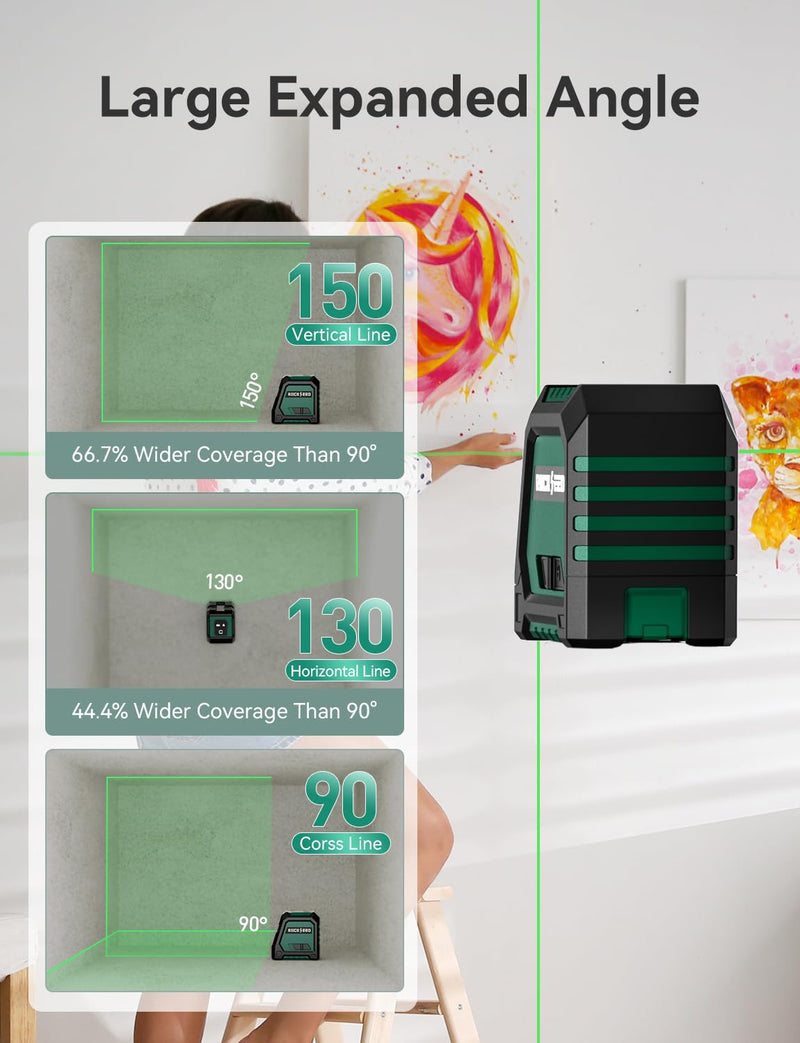 [Australia - AusPower] - RockSeed Dual Modules Line Laser, Self Leveling Laser Level, Horizontal and 150° Vertical Green Beam, 2 AA Batteries, Carrying Bag, for Home Decoration/DIY/Construction Site LV02G 