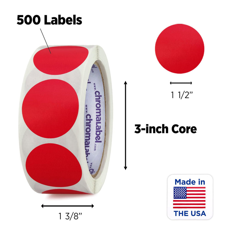 ChromaLabel 1.50 Inch Round Label Removable Color Code Dot Stickers, Inventory Label, 500 Labels per Roll, Red