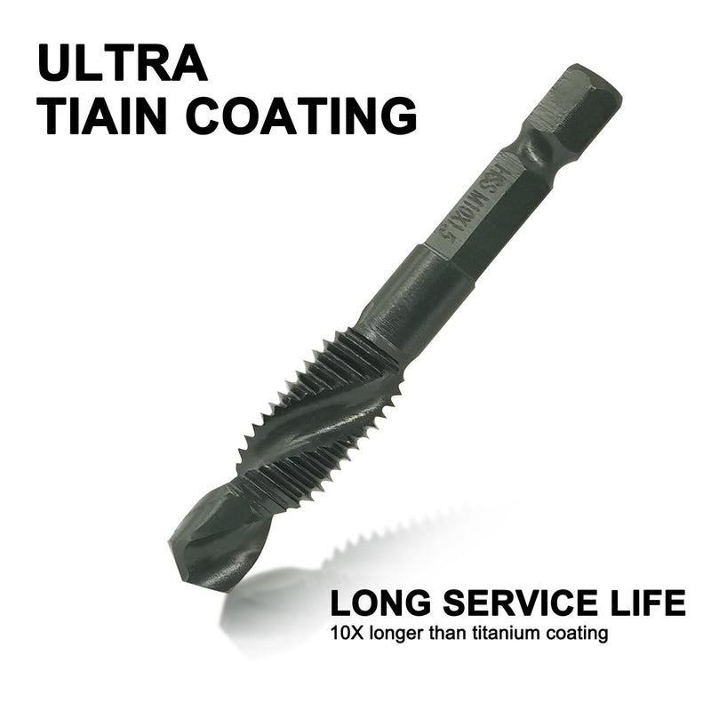 [Australia - AusPower] - Combination Drill and Tap Bit Set with Quick-Change Adapter of 13Pcs, 6 SAE Sizes: 6-32NC to 1/4-20NC, 6 Metric Sizes: M3 to M10,Suitable for Drilling Tapping Threading Countersinking 