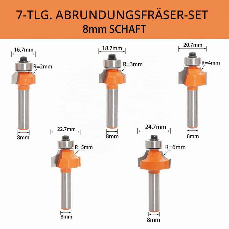 Rounding Router Bit Set HW with Ball Bearing, Shank 8mm, R 2-10mm | With interchangeable starting rings diameter 12.7/9.5 mm for round and quarter bar profiles. Comes in wooden box. 7-Piece Set (R 2-10 mm) Shaft 8 mm