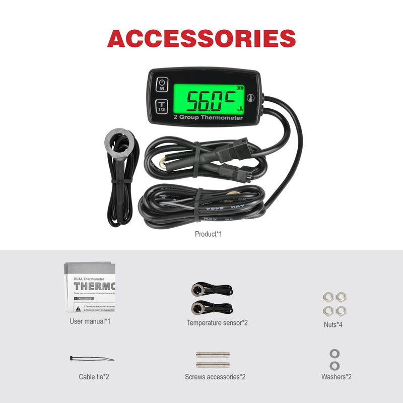 [Australia - AusPower] - TM004 Digital Thermometer,Backlight,Two Group of Temperature, Max Temperature,Use for Tractors, Atvs, Utvs, Snowmobiles, Engines, Generators, Water and Oil Trucks 
