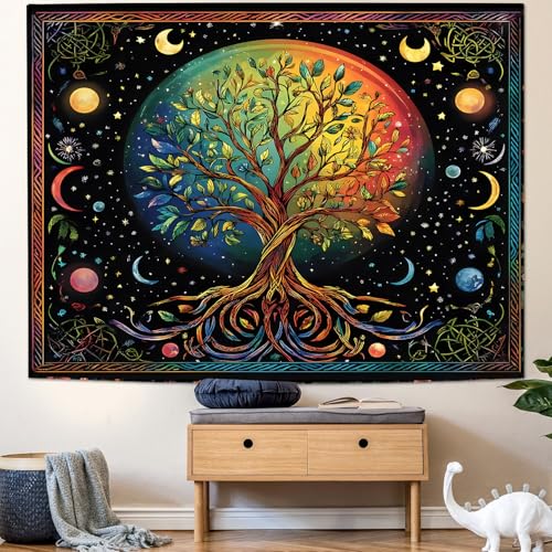 FENDROM Moon Phase Tree of Life Tapestry Galaxy Sun and Moon Flower Plant Tapestries Boho Mandala Spiritual Aesthetic Wall Hanging Backdrop Blanket for Bedroom Living Room Dorm Decor 90"L x 71"W