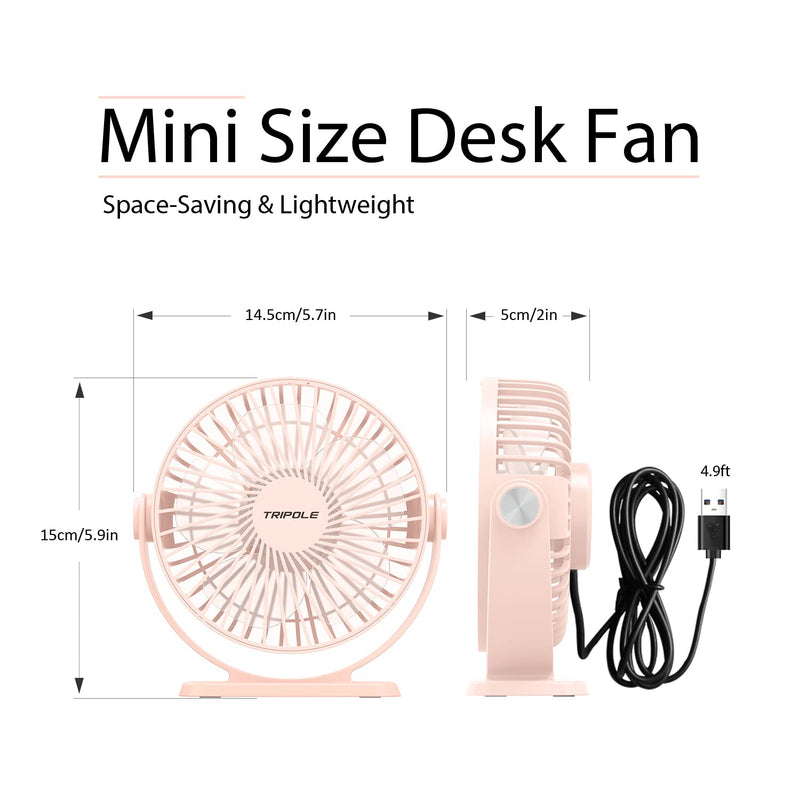 [Australia - AusPower] - TriPole Mini Desk Fan USB Powered Portable Fan 3 Speeds Strong Airflow Small Fan 360°Rotation Personal Fan 5.1 Inch Table Fan for Home Office Bedroom Desktop, Pink, 4.9ft Cable 