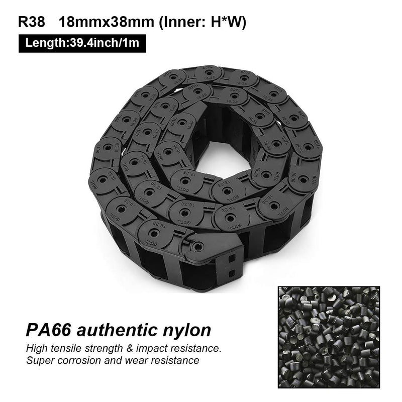 [Australia - AusPower] - R38 18mm x 38mm(Inner H x Inner W) Black Plastic Cable Wire Carrier Drag Chain 1M Length for CNC, with End Connectors - Bridge Type (Inner Side openable) 18*38 
