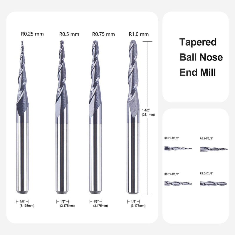 [Australia - AusPower] - SpeTool Set of 4 2 Flute Ball End Mills with Conical Tip Milling Cutter CNC Engraving R0.25 mm - 1.0 mm 3.175 mm (1/8 Inch) Shank Solid Carbide Cutter for Router with TiAlN Coating for 2D 3D Engraving 