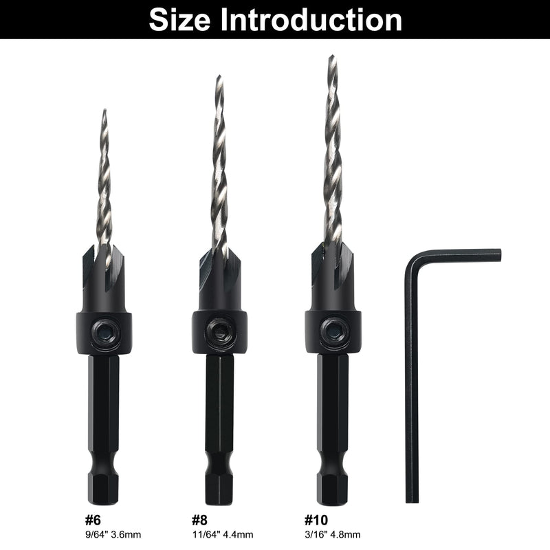 [Australia - AusPower] - Countersink Drill Bit Set, 3Pcs Tapered Drill Bits M2 HSS, with 1/4" Hex Shank Quick Change and Allen Wrench, Counter Sinker Set for Woodworking and Carpentry, Pilot Screw Hole Set Set #6#8#10 