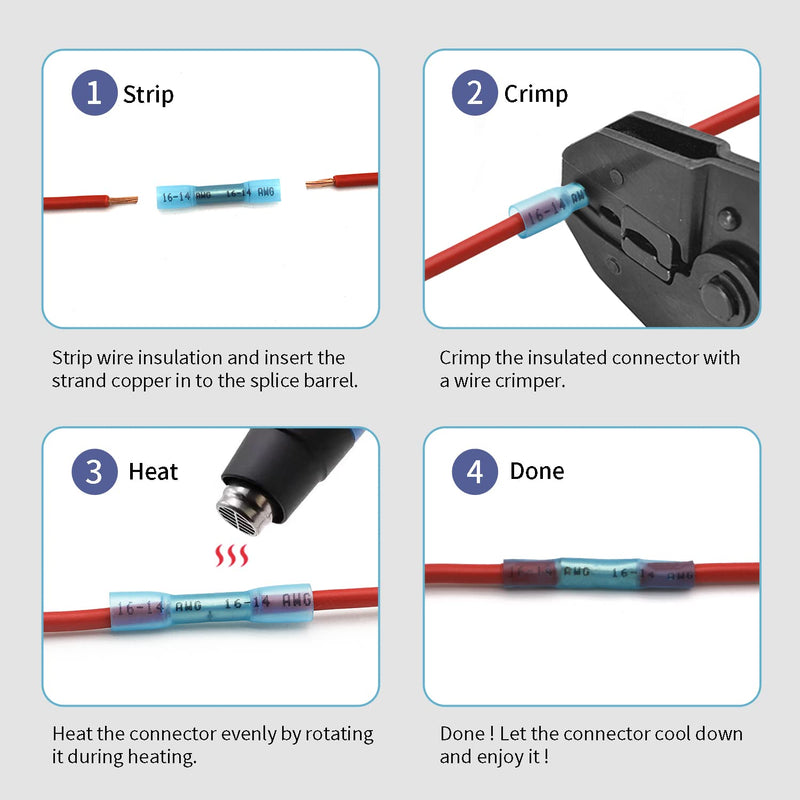 16-14 AWG Heat Shrink Butt Connectors - 100Pcs Blue Insulated Waterproof Electrical Marine Automotive Wire Splice Connector Crimp Wiring Terminals AWG 16-14