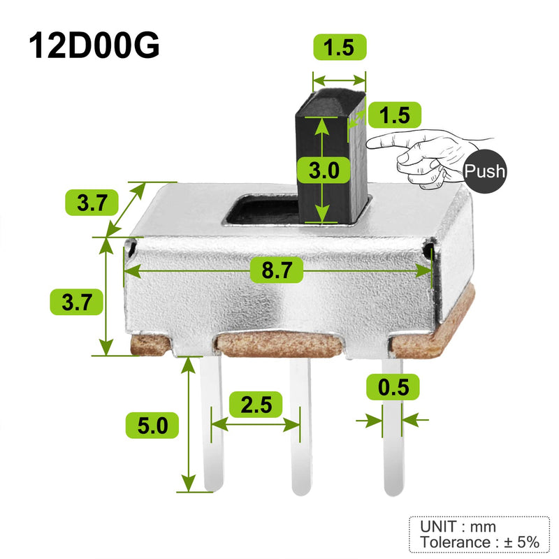 [Australia - AusPower] - Chanzon SPDT Mini Micro Slide Switch 1p2t 2 Position 70pcs 3mm Toggle Vertical Slide Switch Panel Mount Small High Knob Vertical for PCB Arduino Breadboard Electronic Board Dip Miniature SlideSwitch 3mm,SS12D00G,70Pcs 