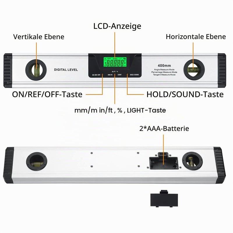 Neoteck Spirit Level Digital LCD Spirit Level 16 Inch 400 mm LED Angle Bevel with V-Groove Magnetic Base, Audio Display, 4 Adjustment Modes Angle Measurement Tool for Roofs, Railings, Ramps