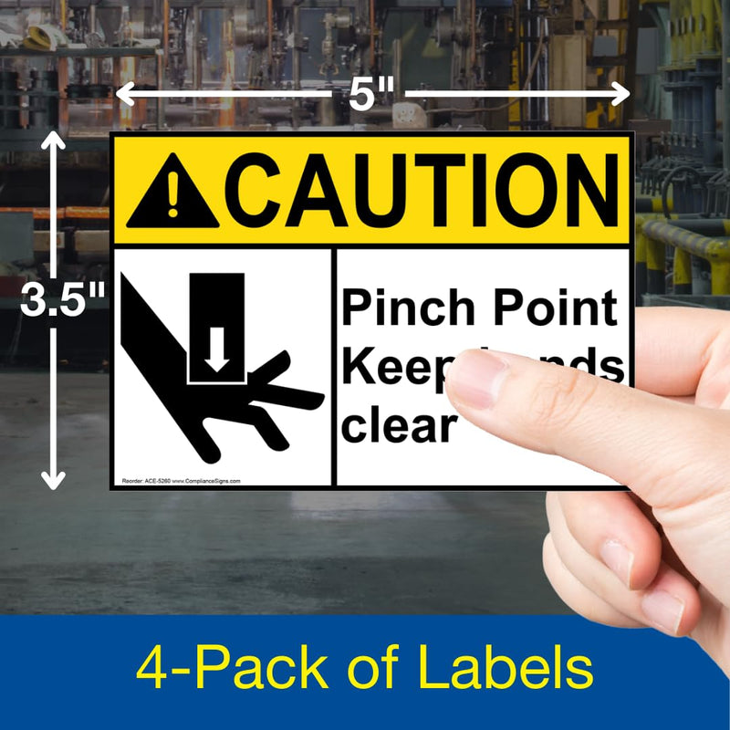 ComplianceSigns.com CAUTION Pinch Point Keep Hands Clear ANSI Label Decal, 5x3.5 inch 4-Pack Vinyl for Machinery, American Made Safety Signs for the Workplace