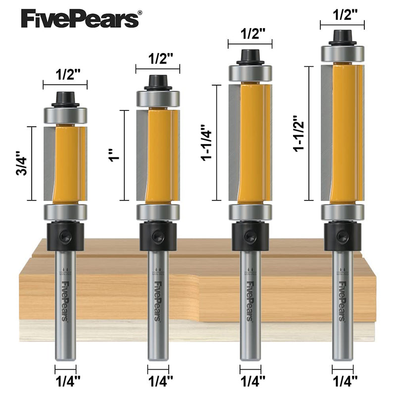 [Australia - AusPower] - FivePears 4 PCS Top and Bottom Bearing Flush Trim Router Bits Set 1/4 Inch Shank, 1/2 Inch Cutting Diameter, 3/4", 1", 1-1/4", 1-1/2" Cutting Length 4 Bits Set - 1/4" Shank 
