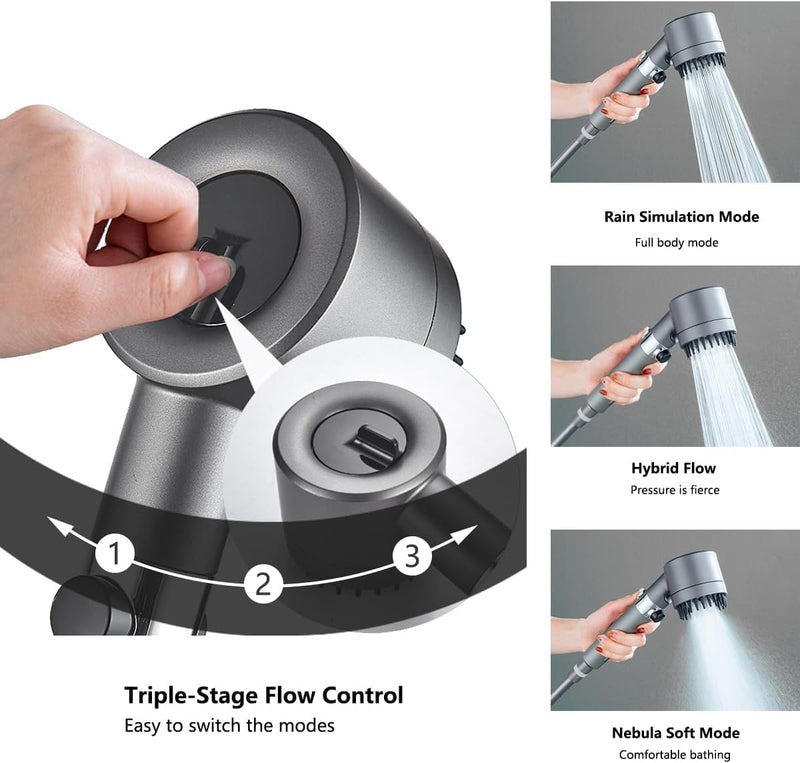 Shower Drops Head Filtered Showerhead With Five Filters,Filtered Shower Head With Handheld,High Pressure Turbo Showerhead,Reusable,Adjustable Settings With Hose4-piece set