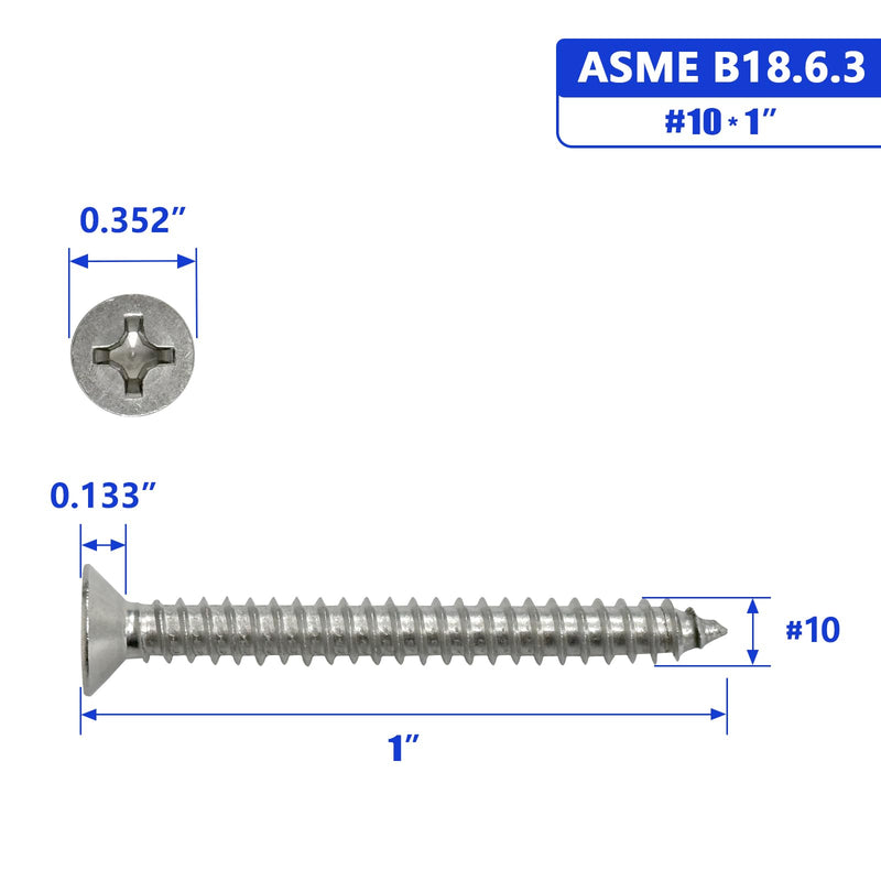 [Australia - AusPower] - #10 x 1 Flat Head Sheet Metal Screws Phillips Drive Wood Screws, 304 Stainless Steel 18-8, Pack of 50 #10 x 1" Silver 