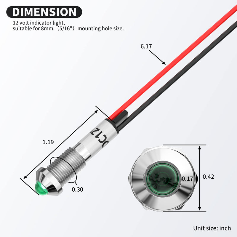 [Australia - AusPower] - DaierTek 8MM LED Indicator Light 12V Green LED Waterproof Metal 12 Volt Pilot Light Marine 5/16" Panel Mount Electrical Indicator Lights Pre-wired for Boat Car -10Pcs 