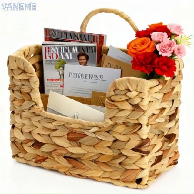 2 Pcs Hanging Magazine Basket, Woven Wall Mail Holder Organizer with Handle Water Hyacinth 2