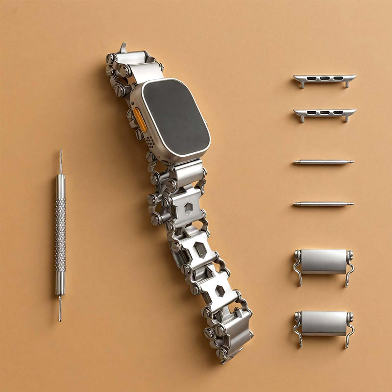 Stainless Tool Bracelet Compatible for LEATHERMAN TREAD, 29 in 1 Survival Hiking Camping Travel Friendly Multitools Wearable Bracelet Band Compatible with Apple Watch 44mm 45mm 46mm 49mm for Men Silver fit Apple Watch 44/45/46/49mm Model