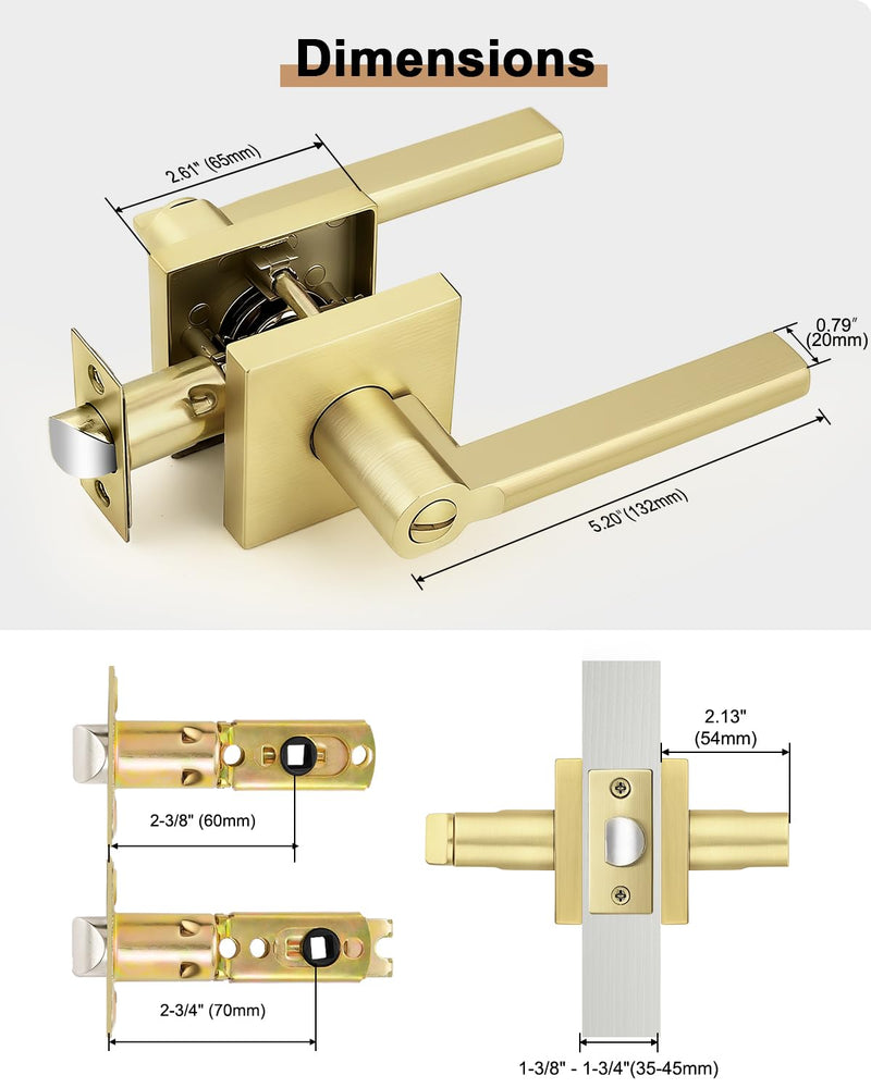 Probrico Door Handle Interior with Lock, Brushed Gold Bedroom Bathroom Lever, Heavy Duty Square Reversible for Right or Left Side Doors, 1 Pack Privacy