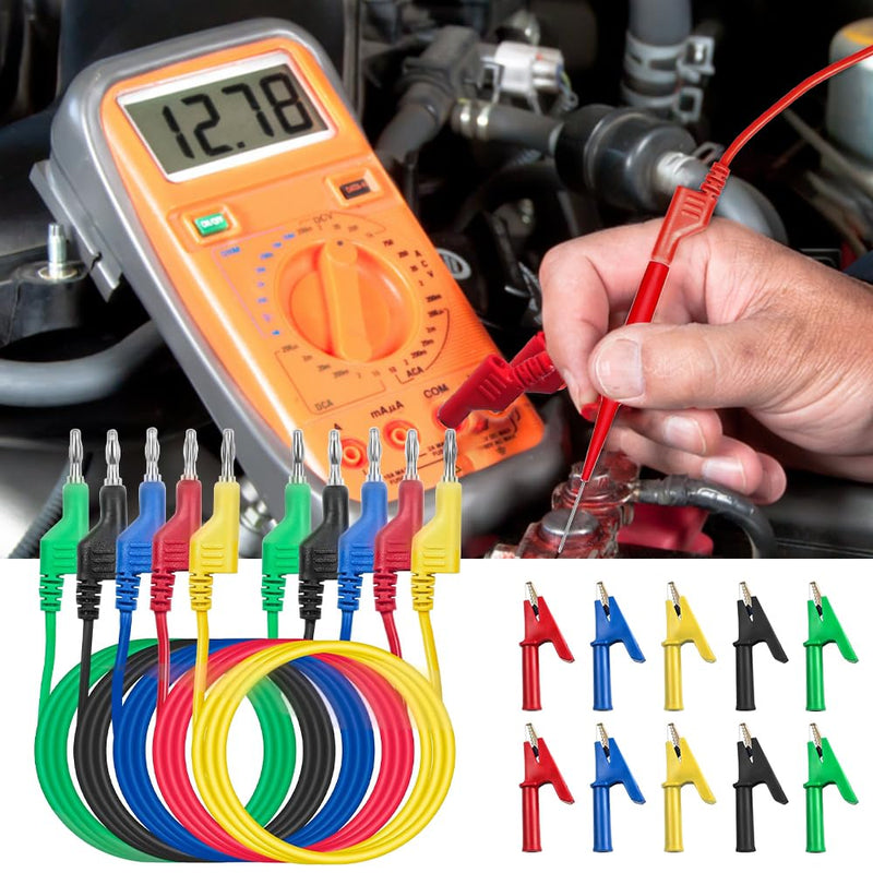[Australia - AusPower] - Riisoyu Pack of 5 1 m Multimeter Test Leads, 4 mm, 5 Colours, Insulated Banana Plugs, 10 Pieces, Crocodile Clips and Test Probes, Multimeter Measuring Cable, Cable for Current Meters, Multimeters, 