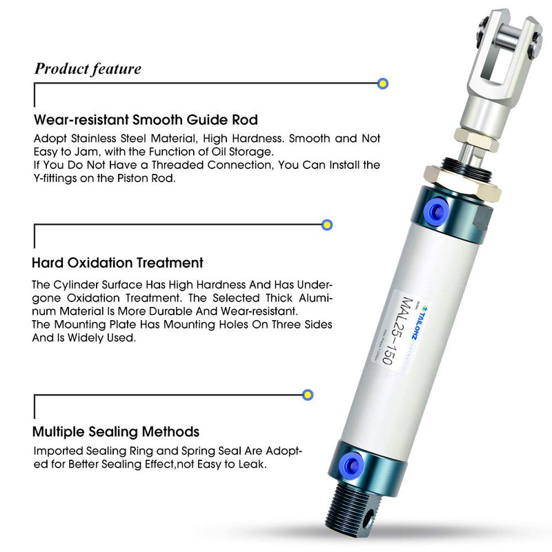 [Australia - AusPower] - TAILONZ PNEUMATIC 25mm Bore 150mm Stroke Air Cylinder Double Action with Y Connector and 2Pcs 6mm Fitting MAL25x150 
