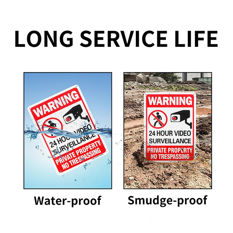 4 Pack 24 Hour Video Surveillance Sign, Private Property No Trespassing Warning Sign, 10"x 7" .040 Rust Free Aluminum – Reflective, UV Protected and Weatherproof