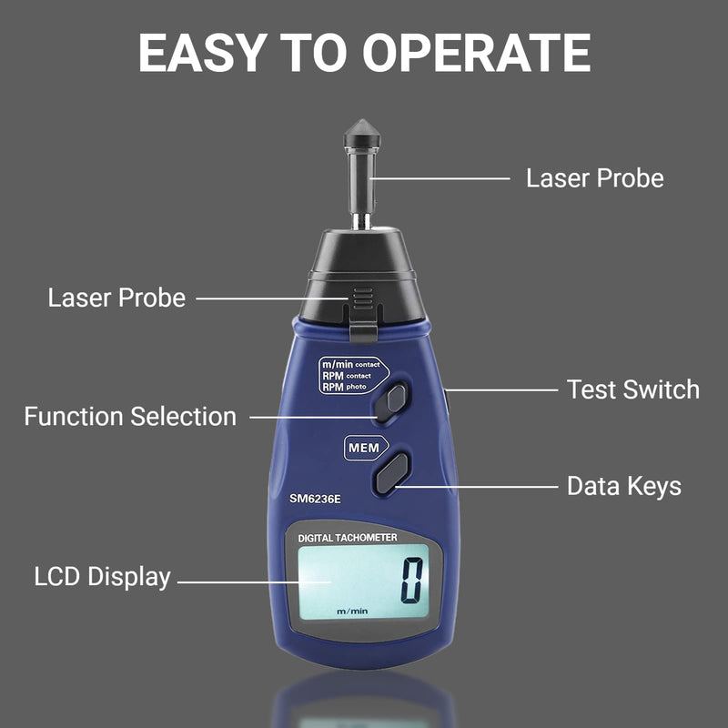 [Australia - AusPower] - Digital Tachometer, 2.5 to 99999 RPM Gauge Meter Contact Non Contact Tachometer with Reflective Tape, Professional Motor Speed Gauge Tester Meter, 96 Groups Data Logging, Data Hold 