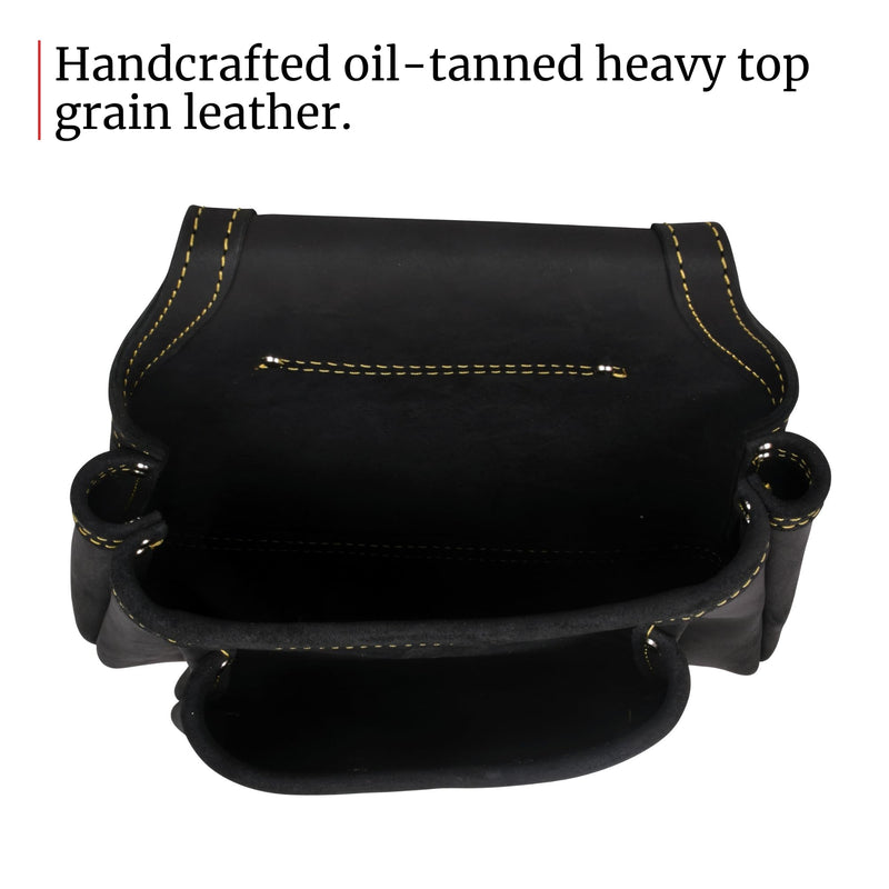 FESA 2 Pocket Nail Pouch for Tool Belts - Leather Screw Pouch with 2 Extra Large Pockets for Fasteners - Heavy Duty Rivets & Stitching - Fits Tool Belts up to 3" - Handcrafted Black