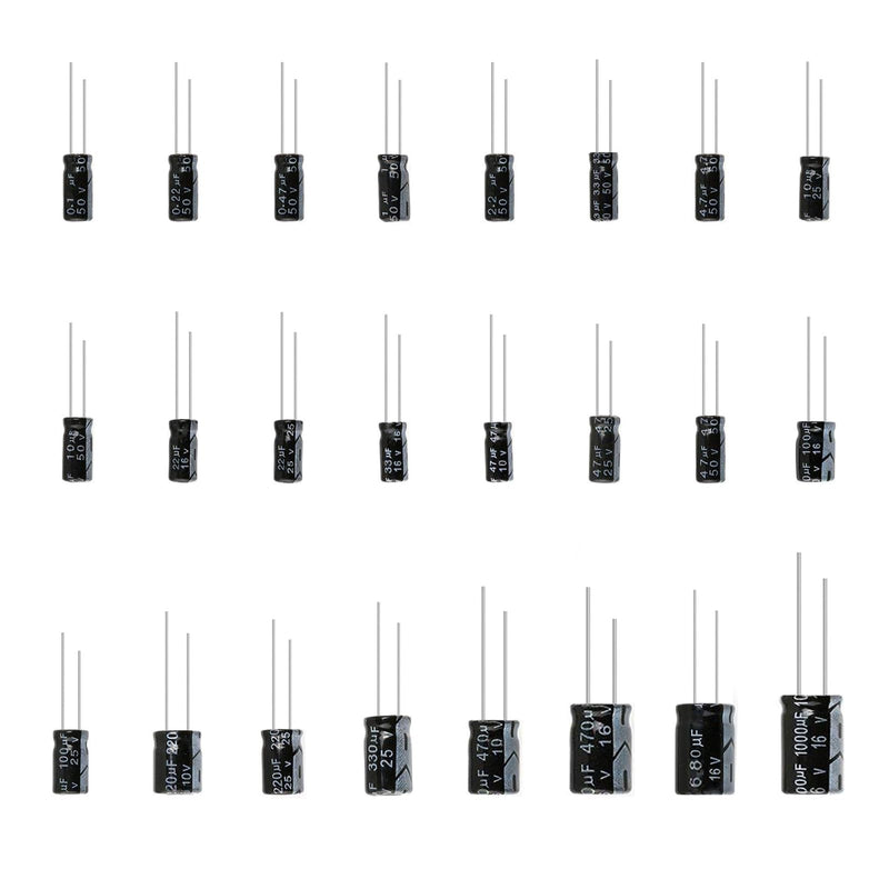 24 Value Elko Capacitor Set Elkos Capacitors Assortment Kit Aluminium Electrolytic Capacitor from 0.1uF to 1000uF 10V 16V 25V 50V Electrolytic Capacitors