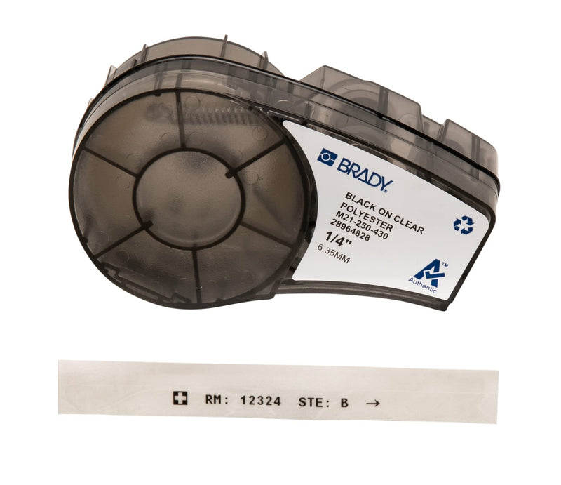 Brady Authentic (M21-250-430) Harsh Environment Polyester Label for Lab, Asset Tracking and Datacom, Black on Clear- For M210, M210-LAB, M211, BMP21-PLUS and BMP21-LAB Printers, 0.25" W, 21' L .25"