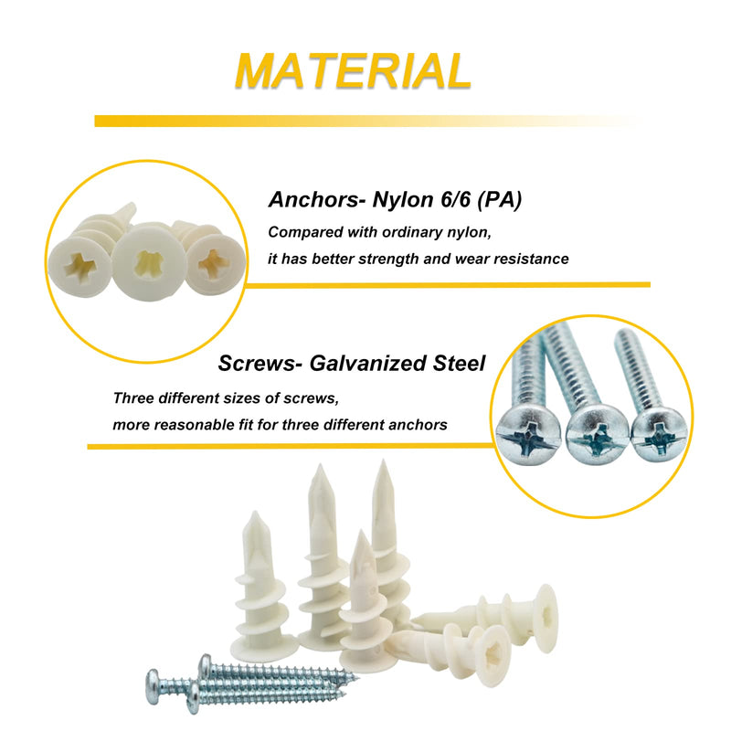 [Australia - AusPower] - 3 Sizes Self Drilling Drywall Anchors, 166PCS Nylon Plastic Wall Anchors and Screws for Drywall, No Pre Drill Hole Preparation Required,13x32mm,15x33mm,13x42mm 