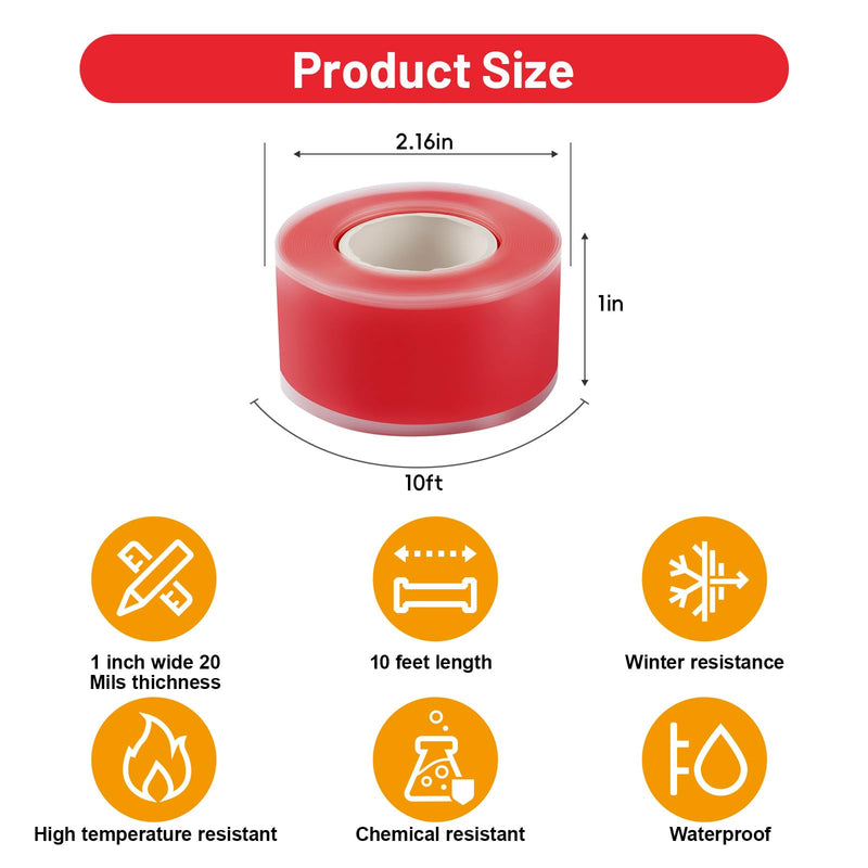 2-Pack Red Rubber Splicing Tape (20 Ft Total) - Self Fusing Emergency Repair Tape for Wiring & Marking - Non-Slip Silicone Grip for Handlebars - Easy-Peel Liner, 1 Inch x 10 Feet 2