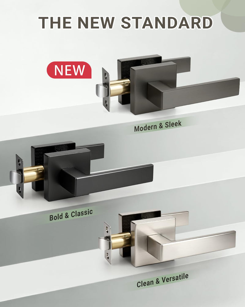KNOBWELL 1 Pack Gunmetal Black Door Handle Brushed Black Nickel Square Doorknob with Lever Interior Door Lever for Closet Hallway Gunmental Black Passage(No Lock)