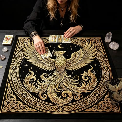 GLOBLELAND Golden Phoenix Tarot Tablecloth Velvet Magic Tarot Altar Table Cloth with Card Pouch Bag for Card Readings Wicca Spiritual Divination Witchcraft Decoration