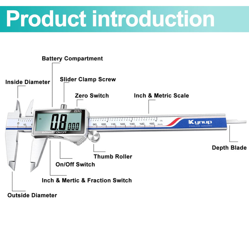 Kynup Digital Caliper 150mm Calliper with Large LCD Display | Digital Measuring Gauge, Inch/mm/Fraction Diverter Stainless Steel Precision Measuring Tool for DIY, Workshop and Woodworking silver full screen