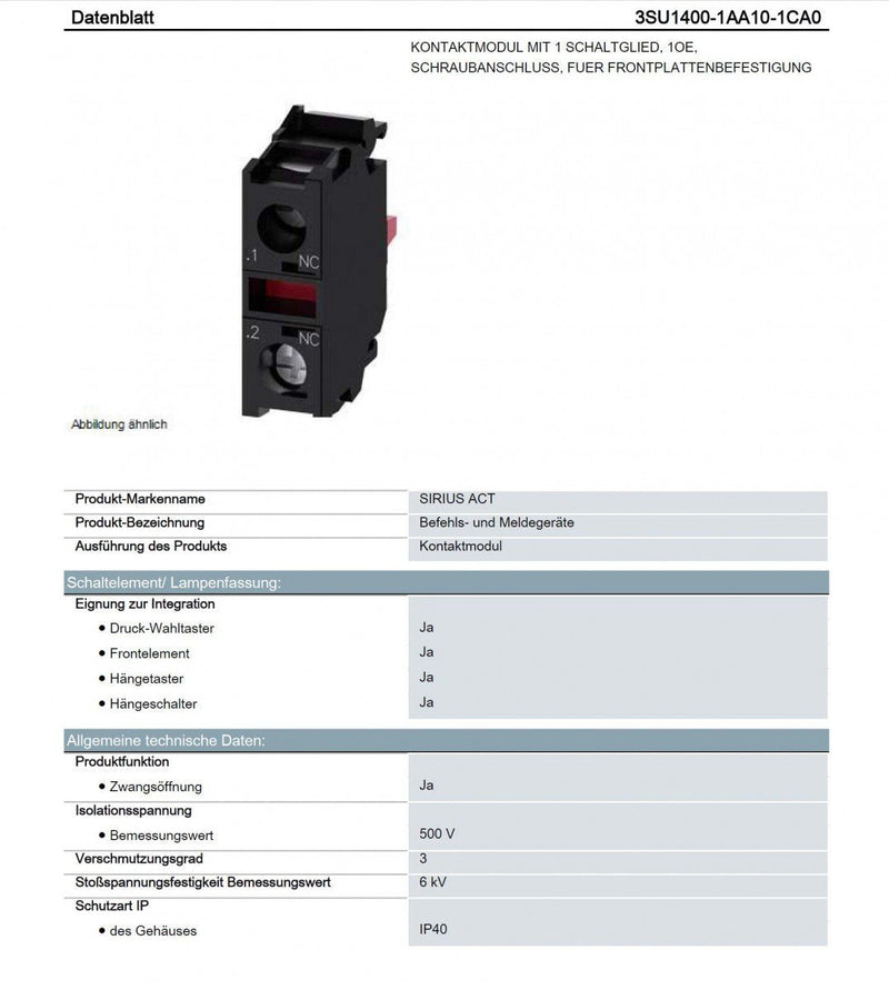 Siemens 3SU1400-1AA10-1CA0 (3SU14001AA101CA0), Contact Module With 1 Contact Element, 1Nc, Screw Terminal, For Front Plate Mounting