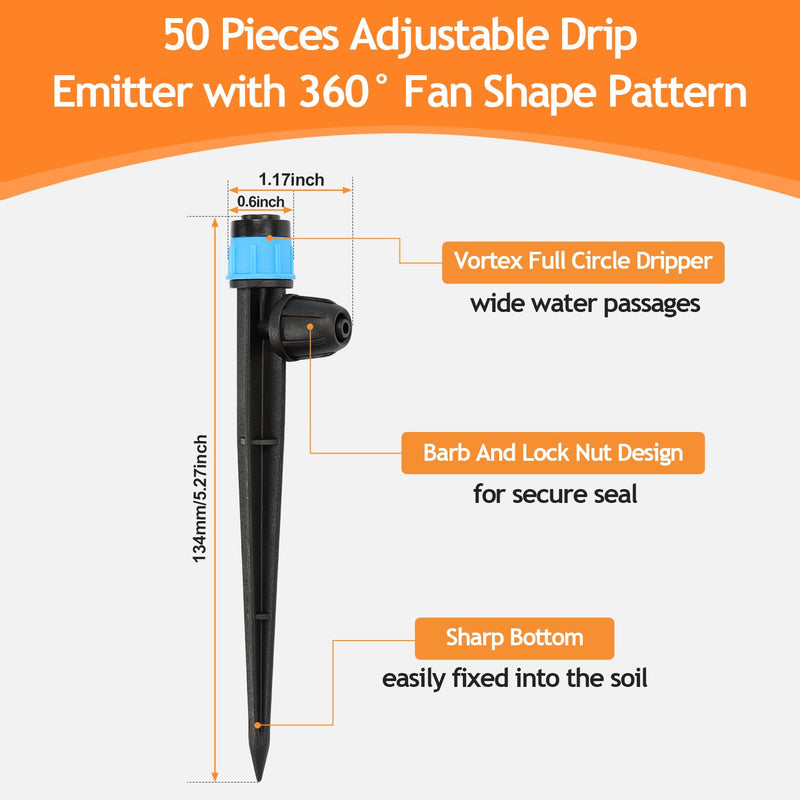 [Australia - AusPower] - 50pcs Drip Emitters Fan Shape with Stake for 1/4" Irrigation Tubing, Adjustable 360 Degree Water Flow Irrigation Vortex Sprayer On 5" Stake Garden Irrigation Dripper for Watering System 