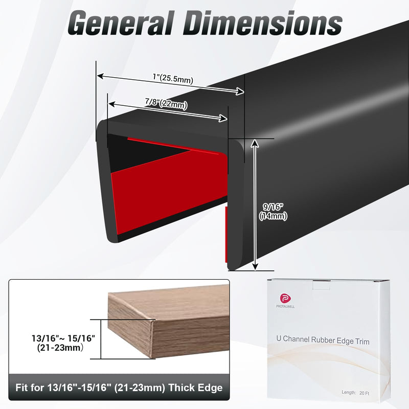 Rubber Edge Trim, Self Adhesive U Channel Edge Trim, Big Size U Shaped Trim, Edge Banding for Plywood, Woods, Shelf, Cabinet, Countertop, Size7/8 inch (22mm), Length 20Ft, Black Size7/8"(Fit 13/16"~15/16"), L20' Gloss Black