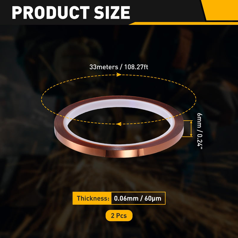 uxcell 2 Rolls Heat Tape, 6mm x 33m (108ft) Polyimide Heat Transfer Sublimation Tape No Residue High-Temperature Resistant Tapes for Heat Press Soldering Circuit Board, Brown 6mm x 33m (108ft)