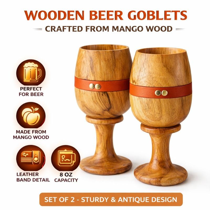 collectiblesBuy Vintage Wooden Wine Goblet Set of 2 with Leather Strap – Handmade Teak Wood Chalices Rustic Drinkware for Wine, Beer, Water & Bar Accessories