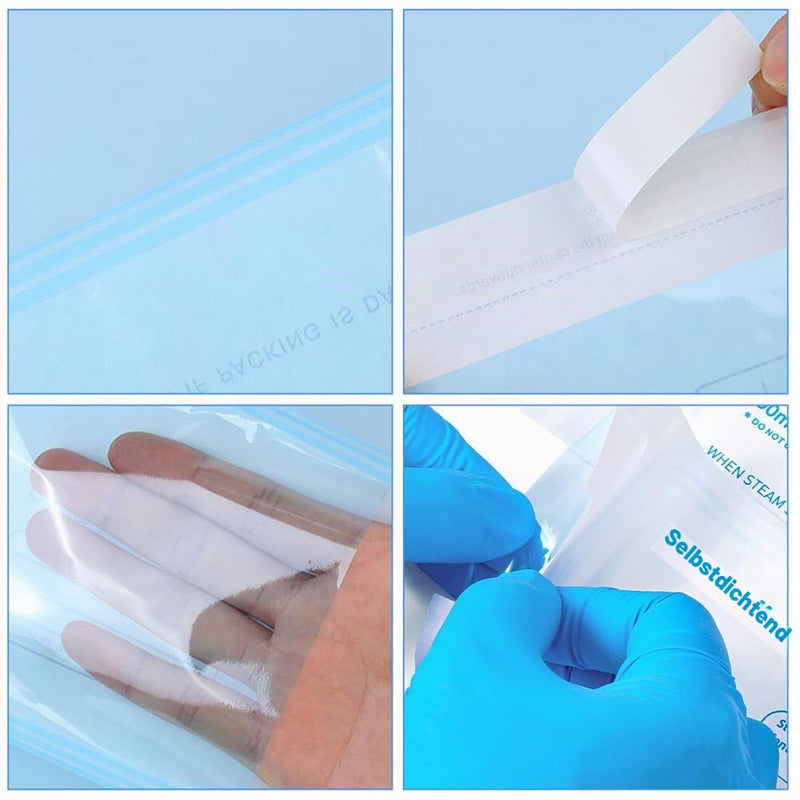 WUSJCOF 100 Sterile Bags for Autoclave, Self-Adhesive Bags for Disinfecting, Sterilisation Bags for Nail Salon, Used for Dental Instruments and Nail Care, 70 x 230 mm M 70x230mm