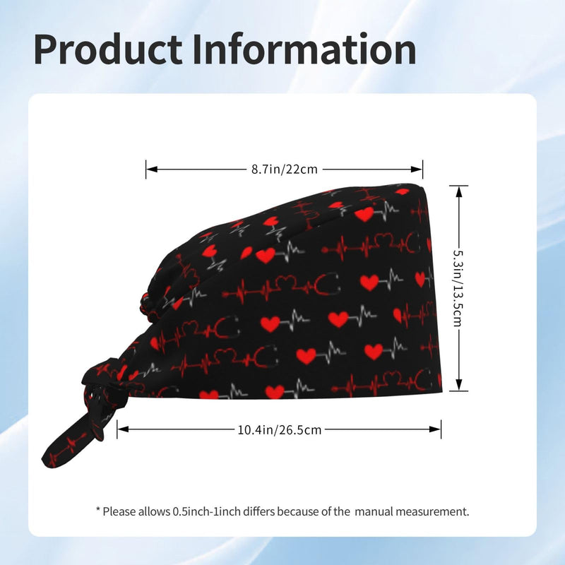 [Australia - AusPower] - Electrocardiogram Heart Bouffant Scrub Caps Nursing Working with Sweatband Adjustable Surgical Hats Stethoscope Heart 