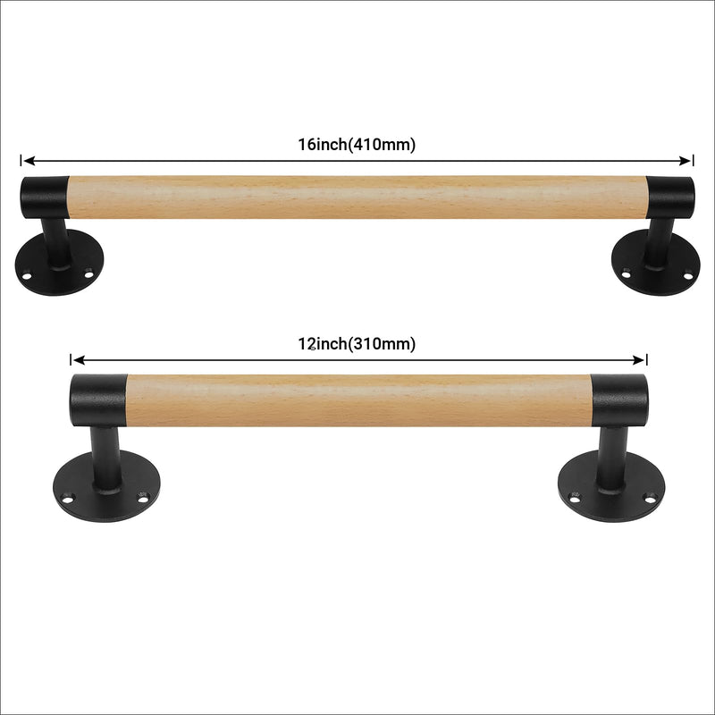 2 Pack 12 Inch Wooden Sliding Barn Door Pull Handles W/T Metal Brackets - Wood Grab Bars Gate Pulls for Shed Garage, Fence, Patio, Pantry, Closet Cabinet Furniture Door Pulls 12 INCH- 2 PACK