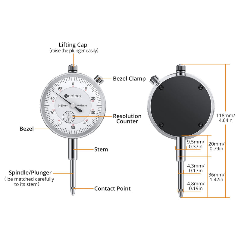 Neoteck Dial Indicator and Magnetic Base 20 mm Dial Indicator Set (0.01 mm) Measuring Tool for Laboratory Workshop 3D Printer - 90 lbs (40 kg) Max Pull