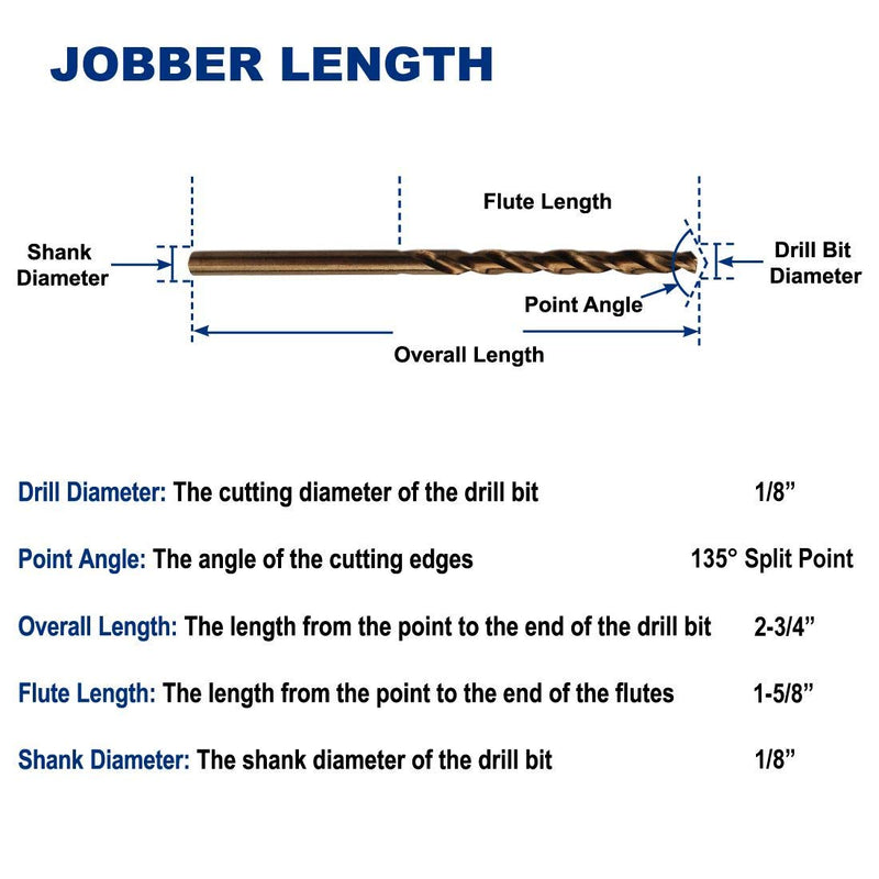 [Australia - AusPower] - 1/8-Inch Cobalt Steel M35 Jobber Length Twist Drill Bits for Hard Metal, Stainless Steel, Pack of 12 1/8 in 