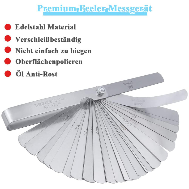 Moyata 32 Blades Stainless Steel Feeler Gauge Set for Precision Measuring Tool | Metric 0.02-1.0mm & Imperial 0.001-.040" - for spark plug spacing, valve clearance and gap width