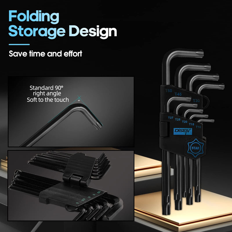 [Australia - AusPower] - DISEN 9 Pieces Torx Star Allen Wrench Set, Long Arm Star Key Set T10-T50, Chrome Vanadium Steel 9PC Torx Star 