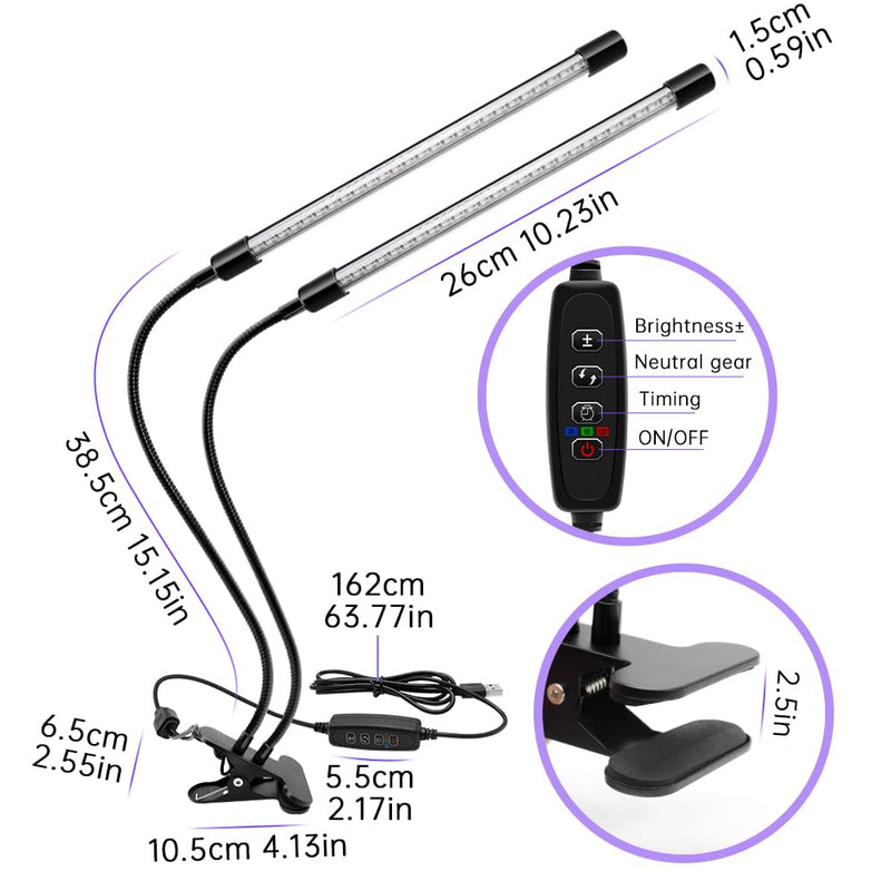 inShareplus LED UV Light Dual Head with USB, 395nm-405nm Dimmable UV Light with Clip, Glow in The Dark, 20W Black Lamp for Party, Stage, Glue Curing Resin Paint, Collection, Aquarium Long Two head